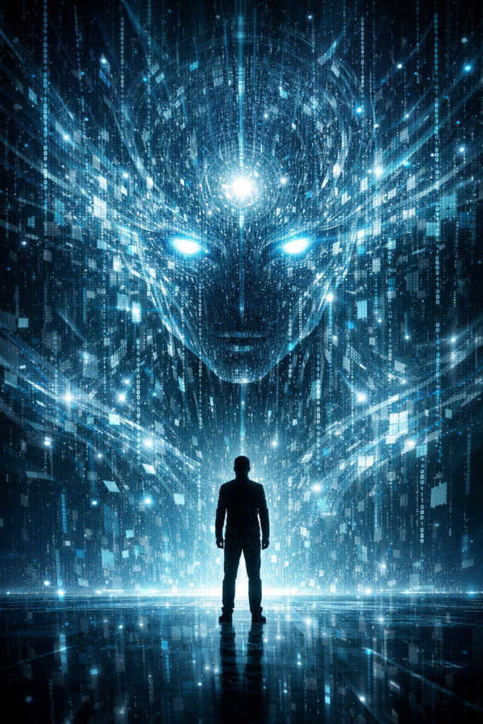 A lone human silhouette standing before an immense abstract digital intelligence, symbolizing the shift in human superiority in the age of AI.
