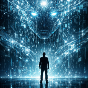 A lone human silhouette standing before an immense abstract digital intelligence, symbolizing the shift in human superiority in the age of AI.